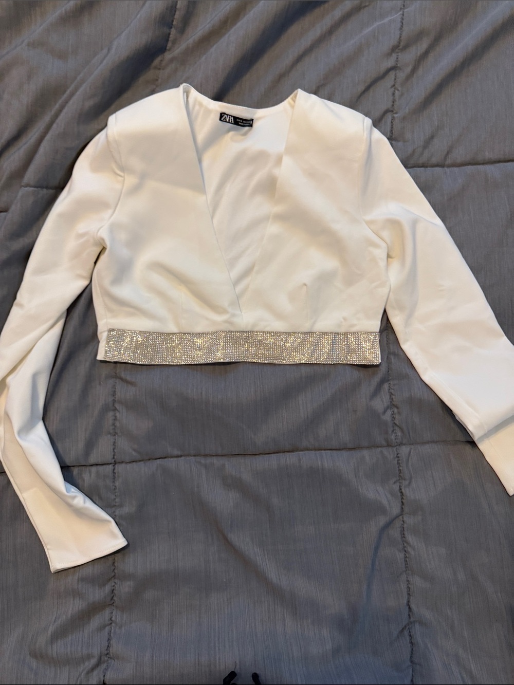 ZARA White Plunge V Neck Cropped Rhinestone Long Sleeve Top NWT